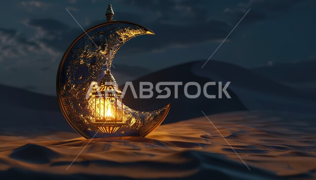 أجواء رمضانية روحانية دينية، الإحتفال بقدوم شهر الخير والبركة، زينة وإضاءة رمضان المبارك، فانوس عربي تقليدي معدني مزخرف مضيء مع هلال الشهر وسط الرمال الناعمة في الطبيعة الصحراوية، التحف والأنوار والديكورات الاسلامية التقليدية