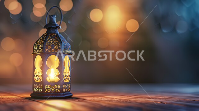 Celebrating the arrival of the month of goodness and blessings, Ramadan decorations and lighting, traditional Arabic lantern decorated with light, traditional Islamic antiques, lights and decorations, spiritual religious Ramadan atmosphere