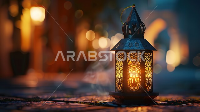 زينة وإضاءة رمضان المبارك، فانوس عربي تقليدي معدني مزخرف مضيء، التحف والأنوار والديكورات الاسلامية التقليدية، الإحتفال بقدوم شهر الخير والبركة، أجواء رمضانية روحانية دينية