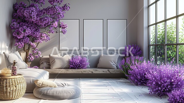 صالة مزينة بالأزهار البنفسجية، تصاميم داخليه أنيقة، قاعات الأعراس والمناسبات الفاخرة في السعودية، أثاث راقي و إكسسوارات و تحف، قاعة حفل زفاف بتصاميم عصرية حديثه بسيطة، الاهتمام بنبات الزينة 