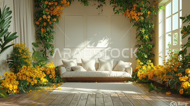 دخول أشعة الشمس من خلال الواجهات الزجاجية، تحف و إكسسوارات وأثاث راقي، قاعة حفل زفاف بتصاميم عصرية حديثه بسيطة، قاعات الأعراس والمناسبات الفاخرة في السعودية، ديكورات داخليه أنيقة، صالة مزينة بالأزهار الصفراء، الاهتمام بنبات الزينة 