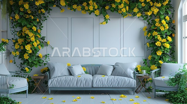 تحف و إكسسوارات وأثاث راقي، قاعة حفل زفاف بتصاميم عصرية حديثه بسيطة، قاعات الأعراس والمناسبات الفاخرة في السعودية، ديكورات داخليه أنيقة، صالة مزينة بالأزهار الصفراء، الاهتمام بنبات الزينة 