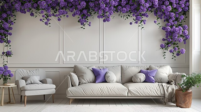 قاعة حفل زفاف بتصاميم عصرية حديثه بسيطة، تحف و إكسسوارات وأثاث راقي، قاعات الأعراس والمناسبات الفاخرة في السعودية، ديكورات داخليه أنيقة، صالة مزينة بالأزهار البنفسجية، الاهتمام بنبات الزينة 