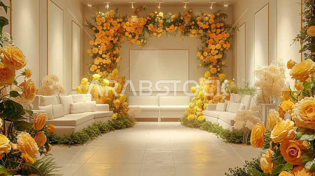 الاهتمام بنبات الزينة ، صالة مزينة بالأزهار الصفراء، تصاميم داخليه أنيقة، قاعات الأعراس والمناسبات الفاخرة في السعودية، أثاث راقي و إكسسوارات و تحف، قاعة حفل زفاف بتصاميم عصرية حديثه بسيطة