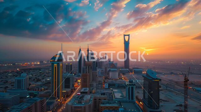 مشهد الغروب فوق ناطحات السحاب, النمو والتقدم العمراني, التصاميم الهندسية المعمارية الحديثة في المملكة، الأبراج والمباني والمنشآت التجارية المضيئة، رؤية مستقبلية سعودية 2030، مفهوم تطوير وتحسين البنية التحتية
