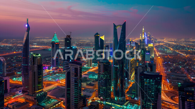 Urban growth and progress, modern architectural arts and designs for skyscrapers in the Kingdom, towers, buildings and commercial facilities illuminated at night, a Saudi future vision 2030, the concept of developing and improving infrastructure.