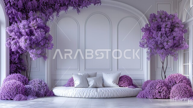 الاكسسوارات والزينة والتحف الراقية، تصميم داخلي أنيق وبسيط، المناسبات والأعراس في القاعات الفاخرة بالسعودية، النوافذ والواجهات الزجاجية المطلة على الطبيعة، قاعة حفل زفاف مزينة بالأزهار البنفسجية، التصاميم والديكورات عصرية حديثة