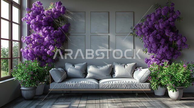 الزينة والاكسسوارات والتحف الراقية، تصميم داخلي أنيق وبسيط، المناسبات والأعراس في القاعات الفاخرة بالسعودية، النوافذ والواجهات الزجاجية المطلة على الطبيعة، قاعة حفل زفاف مزينة بالأزهار البنفسجية، التصاميم والديكورات عصرية حديثة