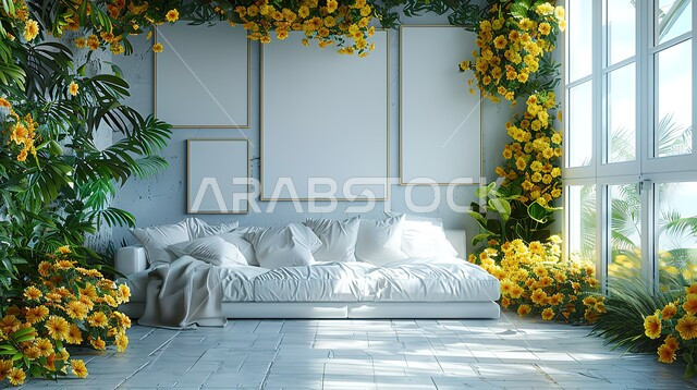 Windows and glass facades overlooking nature, weddings and events in luxury halls in Saudi Arabia, elegant and simple interior decoration, decorations, accessories and high-end antiques, a wedding hall decorated with yellow flowers, modern and contemporary designs and decorations