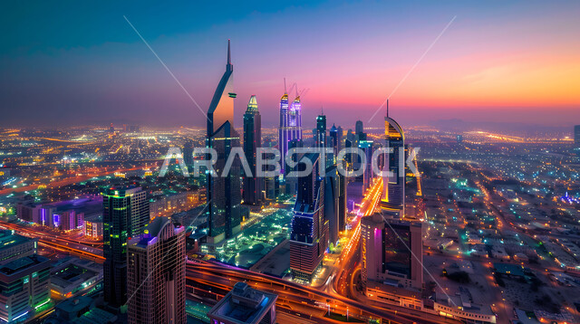 Advanced designs for skyscrapers, towers and illuminated commercial facilities, modern architectural engineering art in the Kingdom’s buildings, urban growth and progress, Saudi future vision 2030, the concept of developing and improving infrastructure