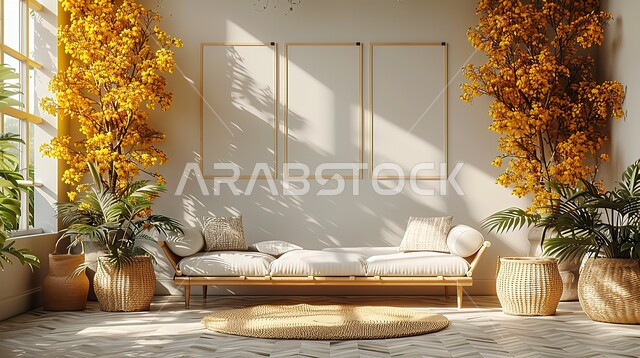 Wedding hall decorated with yellow flowers, modern decorations and designs, antiques, accessories and high-end decorations, elegant and simple interior design, events and weddings in luxury halls in Saudi Arabia, windows and glass facades overlooking nature