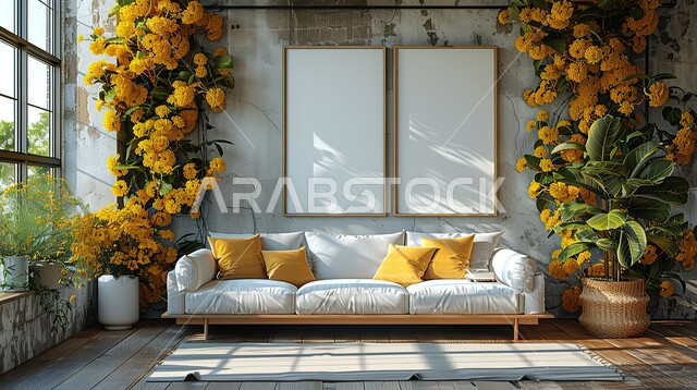 الفن الهندسي والديكور العصري الراقي، الأزهار الطبيعية الصفراء في قاعة حفل زفاف بسيطة، اطلالة على الطبيعة للنوافذ والواجهات الزجاجية، إقامة الأعراس والمناسبات في القاعات الفاخرة بالسعودية، الاهتمام بنبات الزينة والأثاث الأنيق 