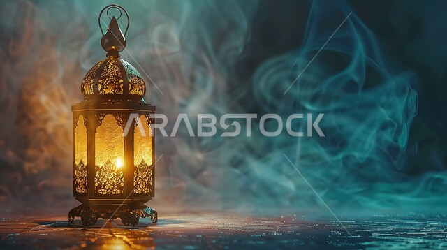 Traditional Arabic Metal Lantern Decorated Illuminated, Ramadan Lighting and Decoration, Celebrating the Coming of the Month of Goodness and Blessings, Spiritual Religious Ramadan Atmosphere, Traditional Islamic Antiques, Lights and Decorations