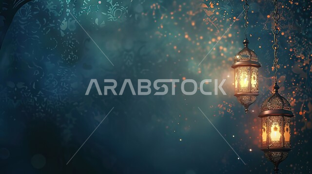 فوانيس عربية تقليدية معدنية مزخرفة مضيئة، الأنوار والتحف والديكورات الاسلامية التقليدية، إضاءة وزينة رمضان المبارك، الإحتفال بقدوم شهر الخير والبركة، أجواء رمضانية روحانية دينية