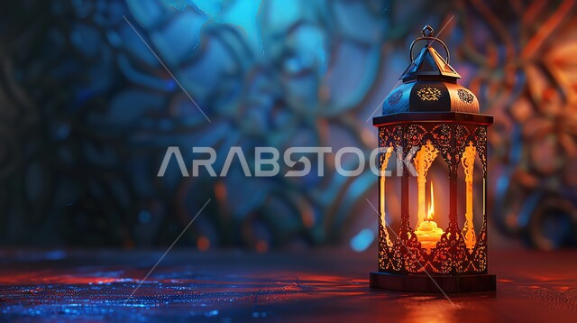 إضاءة وزينة رمضان المبارك، الإحتفال بقدوم شهر الخير والبركة، أجواء رمضانية روحانية دينية، فانوس عربي تقليدي معدني مزخرف مضيء، التحف والأنوار والديكورات الاسلامية التقليدية