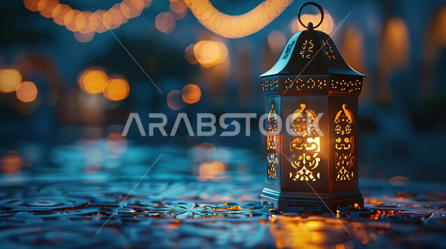 الإحتفال بقدوم شهر الخير والبركة، أجواء رمضانية روحانية دينية، زينة وإضاءة رمضان المبارك، فانوس عربي تقليدي معدني مزخرف مضيء، التحف والأنوار والديكورات الاسلامية التقليدية