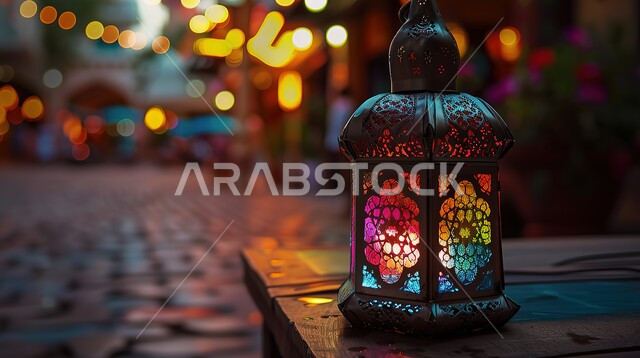 أجواء رمضانية روحانية دينية، الإحتفال بقدوم شهر الخير والبركة، زينة وإضاءة رمضان المبارك، فانوس عربي تقليدي معدني مزخرف مضيء، التحف والأنوار والديكورات الاسلامية التقليدية