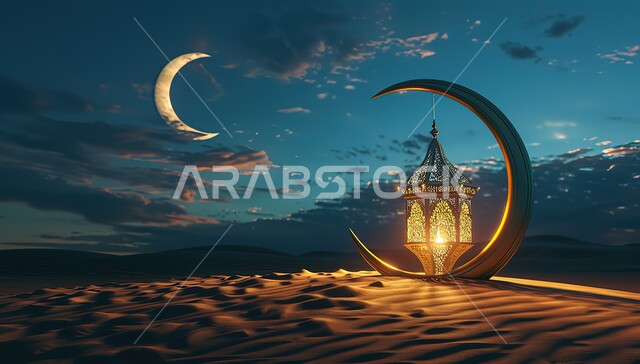 الأنوار والديكورات في الأجواء الرمضانية الروحانية، هلال وفانوس معدني مضيئ مزخرف وسط الرمال الناعمة في الصحراء، الفن الإسلامي للتحف والاكسسوارات، الزينة التقليدية العربية لاستقبال شهر رمضان المبارك، الأماكن والمناطق الطبيعية الصحراوية وقت الليل