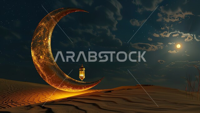 الديكورات والأنوار في الأجواء الرمضانية الروحانية، هلال وفانوس معدني مضيئ مزخرف وسط الرمال الناعمة في الصحراء، الفن الإسلامي للتحف والاكسسوارات، الزينة التقليدية العربية لاستقبال شهر رمضان المبارك، الأماكن والمناطق الطبيعية الصحراوية وقت الليل