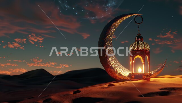 Crescent moon and lantern decorated in soft desert sand, Islamic art of antiques and accessories, traditional Arabic decorations to welcome the holy month of Ramadan, decorations and lights in the spiritual atmosphere of Ramadan, desert natural places and areas at night