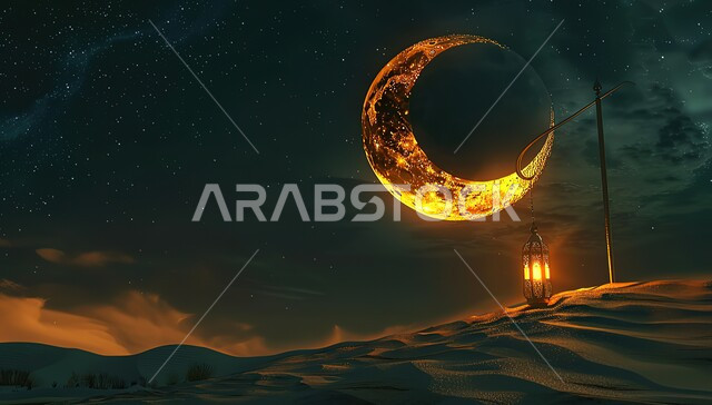 الفن الإسلامي للتحف والاكسسوارات، الزينة التقليدية العربية لاستقبال شهر رمضان المبارك، هلال وفانوس معدني مضيئ مزخرف وسط الرمال الناعمة في الصحراء، الديكورات والأنوار في الأجواء الرمضانية الروحانية، الأماكن والمناطق الطبيعية الصحراوية وقت الليل
