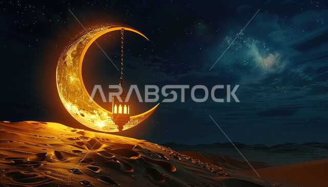 الزينة التقليدية العربية لاستقبال شهر رمضان المبارك، الفن الإسلامي للتحف والاكسسوارات، هلال وفانوس معدني مضيئ مزخرف وسط الرمال الناعمة في الصحراء، الديكورات والأنوار في الأجواء الرمضانية الروحانية، الأماكن والمناطق الطبيعية الصحراوية وقت الليل