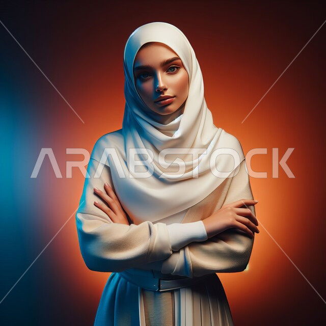  الأنوثة والاعتناء بالمظهر الخارجي, الوقوف باستقامة ووضع اليدين بشكل متقاطع, بورتريه لامرأة عربية خليجية سعودية محجبة تنظر إلى الكاميرا بإيماءات الثقة بالنفس, الاهتمام بالأناقة ومتابعة الموضة, خلفية ملونة