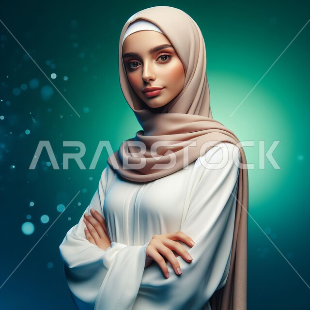 متابعة الموضة  والاهتمام بالأناقة, الوقوف باستقامة ووضع اليدين بشكل متقاطع, بورتريه لامرأة عربية خليجية سعودية محجبة تنظر إلى الكاميرا بإيماءات الثقة بالنفس, مفهوم الأنوثة والاعتناء بالمظهر الخارجي, خلفية ملونة