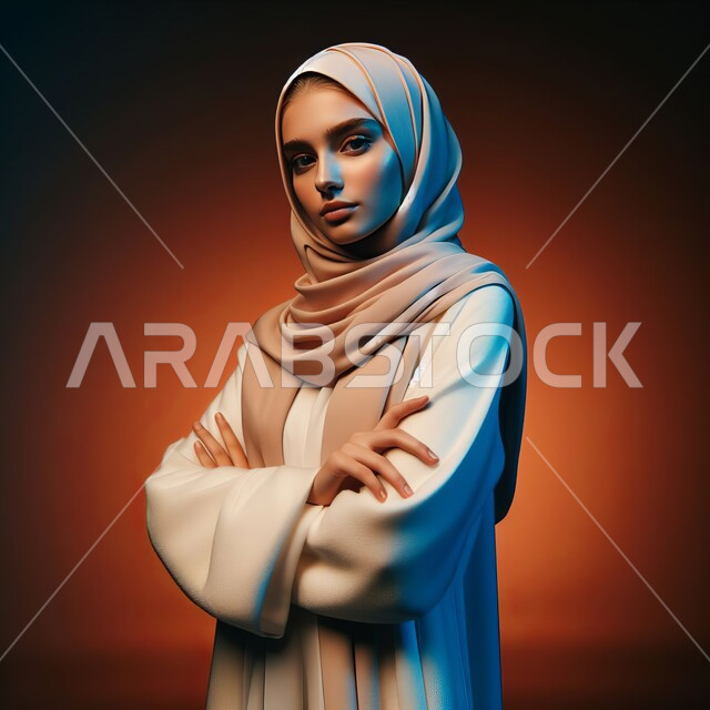 وضع اليدين بشكل متقاطع والنظر للكاميرا بتعبيرات الجدية, بورتريه لشابة عربية خليجية سعودية محجبة بإيماءات الثقة بالنفس, مفهوم الأنوثة والاعتناء بالمظهر الخارجي, الاهتمام بالأناقة ومتابعة الموضة, خلفية ملونة