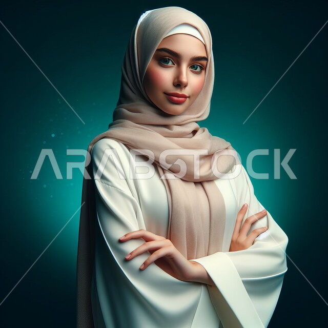 مفهوم الأنوثة والاعتناء بالمظهر الخارجي, الوقوف باستقامة ووضع اليدين بشكل متقاطع, بورتريه لامرأة عربية خليجية سعودية محجبة تنظر إلى الكاميرا بإيماءات الثقة بالنفس, الاهتمام بالأناقة ومتابعة الموضة, خلفية ملونة