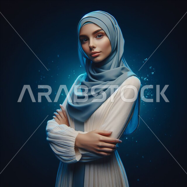 النظر إلى الكاميرا بإيماءات الجدية, الوقوف ووضع اليدين بشكل متقاطع, بورتريه لامرأة عربية خليجية سعودية محجبة, مفهوم الأنوثة والاعتناء بالمظهر الخارجي, الاهتمام بالأناقة ومتابعة الموضة, خلفية ملونة