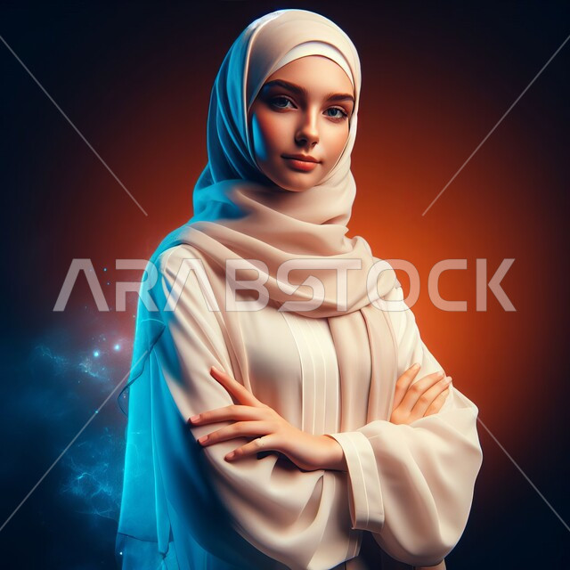 الاهتمام بالأناقة ومتابعة الموضة, الوقوف باستقامة ووضع اليدين بشكل متقاطع, بورتريه لامرأة عربية خليجية سعودية محجبة تنظر إلى الكاميرا بإيماءات الثقة بالنفس, مفهوم الأنوثة والاعتناء بالمظهر الخارجي, خلفية ملونة