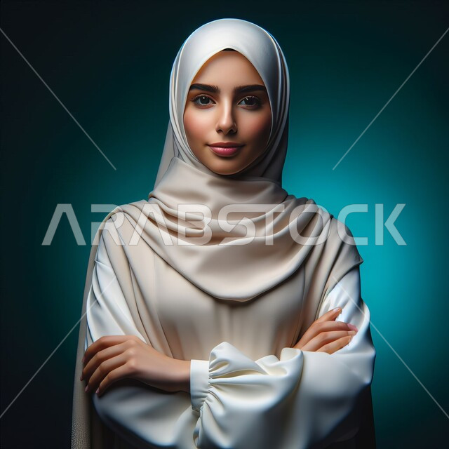 النظر إلى الكاميرا بشكل مباشر بإيماءات الثقة بالنفس, بورتريه لامرأة عربية خليجية سعودية محجبة تقف بشكل مستقيم بيدين متقاطعتين, مفهوم الأنوثة والاعتناء بالمظهر الخارجي, الاهتمام بالأناقة ومتابعة الموضة, خلفية ملونة