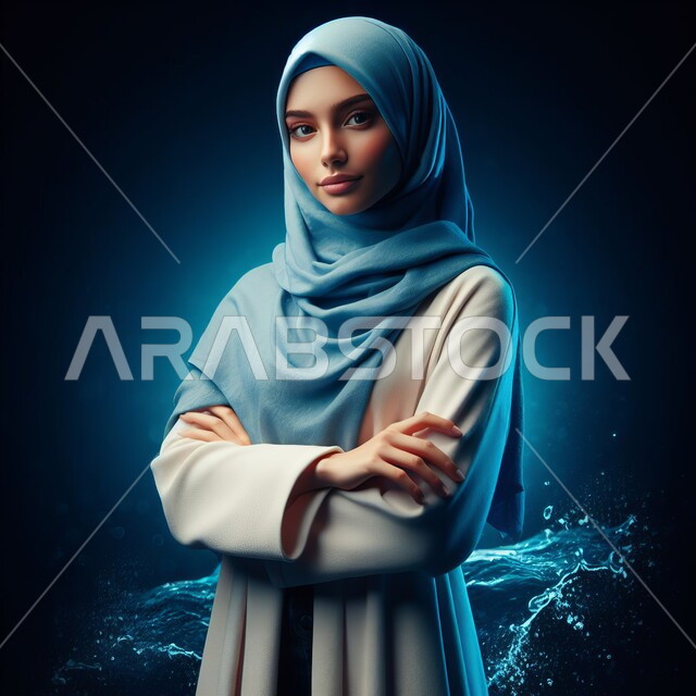 الوقوف باستقامة ووضع اليدين بشكل متقاطع, بورتريه لامرأة عربية خليجية سعودية محجبة تنظر إلى الكاميرا بإيماءات الثقة بالنفس, مفهوم الأنوثة والاعتناء بالمظهر الخارجي, الاهتمام بالأناقة ومتابعة الموضة, خلفية ملونة