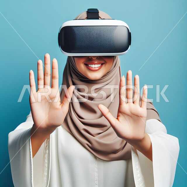 Fun and entertainment by simulating the imaginary world, technological devices and modern techniques, integration and interaction with virtual reality, a portrait of a veiled Saudi Arabian Gulf woman wearing 3D VR glasses, trying to touch the imaginary elements, blue background
