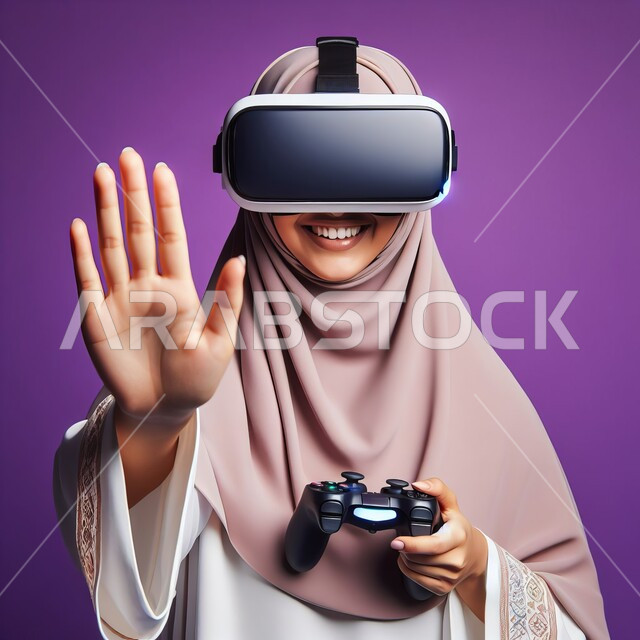 اللعب بألعاب الفيديو الترفيهية, التفاعل مع الواقع الافتراضي، الشعور بالمتعة والتسلية بمحاكاة العالم الخيالي, الأجهزة التكنولوجية والتقنيات الحديثة، بورتريه لامرأة عربية خليجية سعودية محجبة ترتدي نظارات في آر ثلاثية الأبعاد وتمسك بيدها عصا اللعب،  خلفية بنفسجية