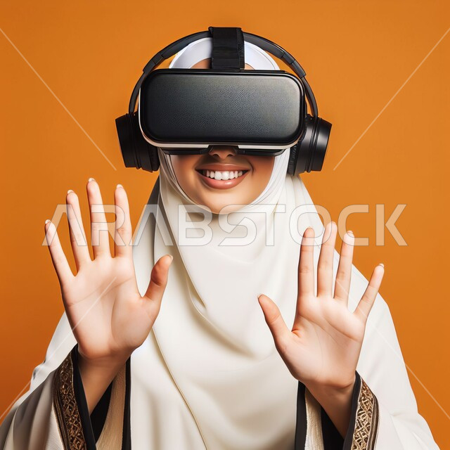 Feeling fun and entertained by simulating the imaginary world, merging and interacting with virtual reality, technological devices and modern technologies, a portrait of a veiled Saudi Arabian Gulf woman wearing 3D VR glasses, trying to touch the imaginary elements, orange background