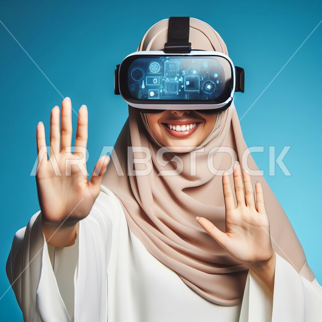 الأجهزة التكنولوجية والتقنيات الحديثة، الاندماج والتفاعل مع الواقع الافتراضي، الشعور بالمتعة والتسلية بمحاكاة العالم الخيالي, بورتريه لامرأة عربية خليجية سعودية محجبة ترتدي نظارات في آر ثلاثية الأبعاد، محاولة لمس العناصر الخيالية، خلفية زرقاء