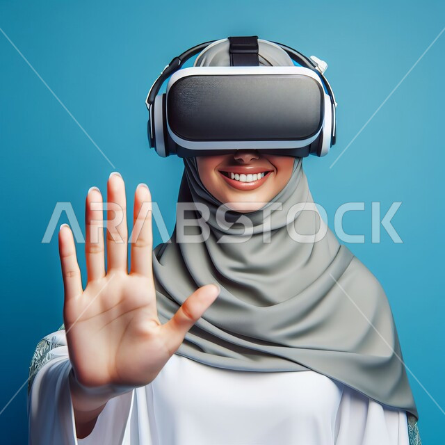التفاعل مع الواقع الافتراضي، الشعور بالمتعة والتسلية بمحاكاة العالم الخيالي, الأجهزة التكنولوجية والتقنيات الحديثة، بورتريه لامرأة عربية خليجية سعودية محجبة ترتدي نظارات في آر ثلاثية الأبعاد، محاولة لمس العناصر الخيالية، خلفية زرقاء