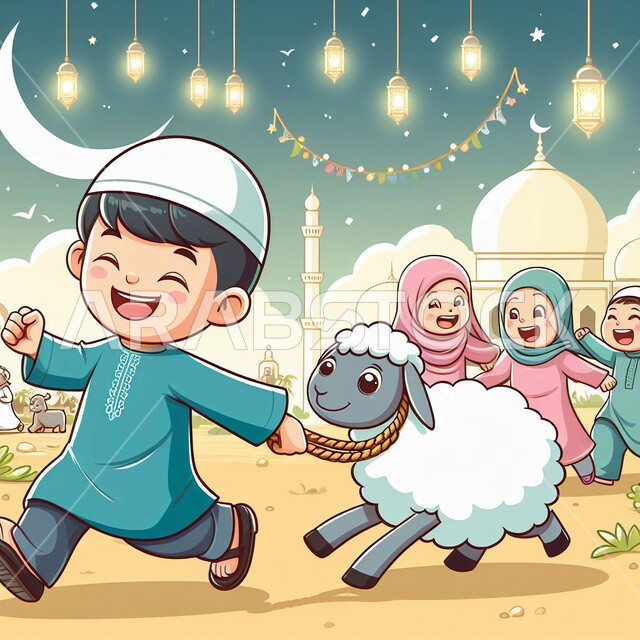 الزينة والديكورات للاحتفال بالأعياد والمناسبات الدينية الاسلامية، رسوم كرتونية لأطفال مسلمين يلهون مع خروف العيد الأبيض في الحي, أضحية وقربان عيد الأضحى المبارك, فرحة وابتهاج الأولاد بقدوم العيد
