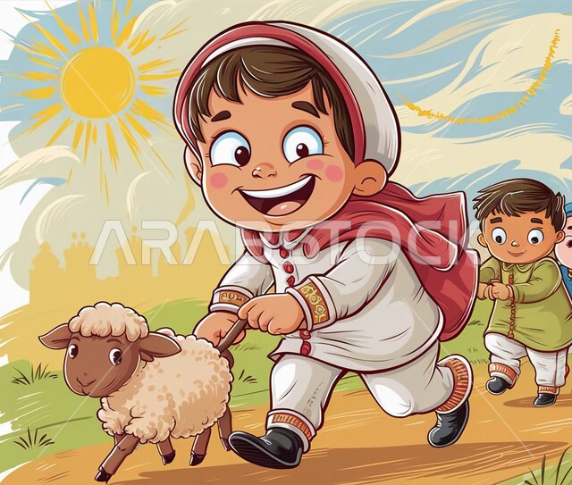 الأعياد والمناسبات الدينية الاسلامية، رسوم كرتونية لأطفال مسلمين يلهون مع خروف العيد الأبيض في الحي, أضحية وقربان عيد الأضحى المبارك, فرحة وابتهاج الأولاد بقدوم العيد
