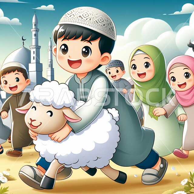 فرحة وابتهاج الأولاد بقدوم العيد, الاحتفال بالأعياد والمناسبات الدينية الاسلامية، رسوم كرتونية لمجموعة من الأطفال  المسلمين يلهون مع خروف العيد الأبيض, أضحية وقربان عيد الأضحى المبارك