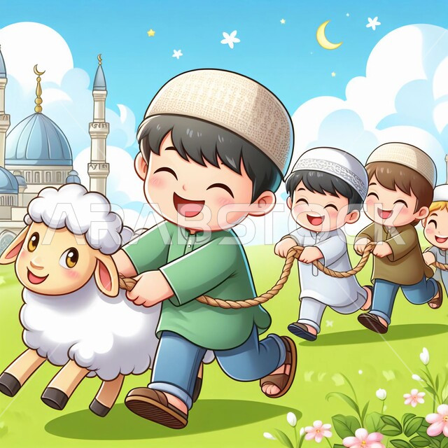 Cartoon drawings of a group of Muslim children having fun with the white Eid sheep, celebrating Islamic holidays and religious occasions, sacrifice and offering of Eid al-Adha, children’s joy and rejoicing with the arrival of Eid.