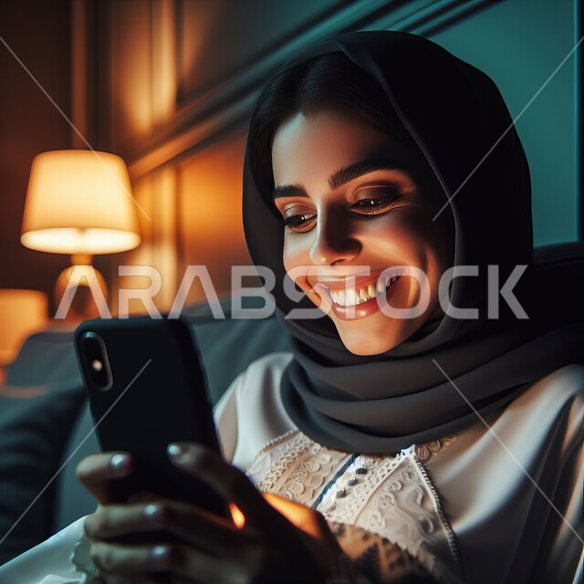 النظر إلى الجوال ومتابعة آخر المستجدات بإيماءات السعادة, استخدام التكنولوجيا والتقنيات الحديثة في كل مكان, شابة عربية خليجية سعودية محجبة تجلس في المنزل وتمسك الهاتف المحمول بيدها, تصفح مواقع وصفحات الانترنت, الدردشة مع الأهل والأصدقاء, مفهوم الأناقة والأنوثة