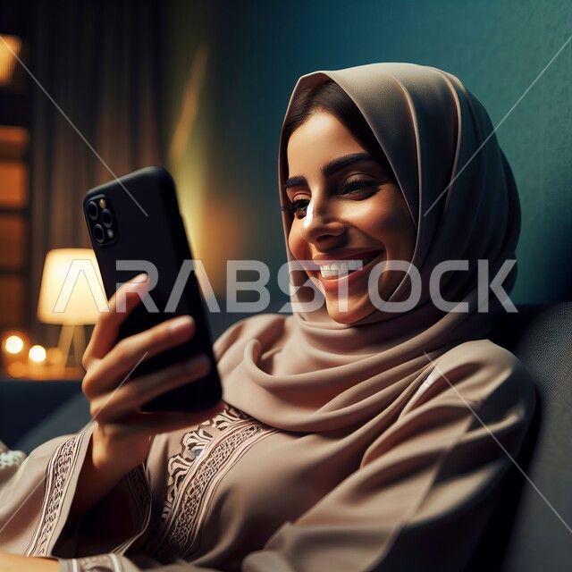 تصفح مواقع وصفحات الانترنت, النظر إلى الجوال ومتابعة آخر المستجدات, استخدام التكنولوجيا والتقنيات الحديثة في كل مكان, شابة عربية خليجية سعودية محجبة تجلس في المنزل وتمسك الهاتف المحمول بيدها وتبتسم, الدردشة مع الأهل والأصدقاء, مفهوم الأناقة والأنوثة