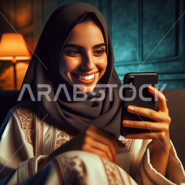 Chat and communicate with family and friends, looking at the mobile phone and following the latest developments, using technology and modern techniques, a veiled Saudi Gulf Arab woman sitting at home, holding the mobile phone in her hand and smiling, browsing websites and internet pages, the concept of elegance and femininity