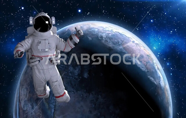 تطور قطاع الفضاء في الخليج العربي, استكشاف الكواكب الأخرى, رائد فضاء عربي خليجي سعودي يرتدي الزي الخاص بالفضاء يسبح في الفضاء الخارجي, رحلات علمية استكشافية, خلفية كوكب الأرض (كوكب الحياة)