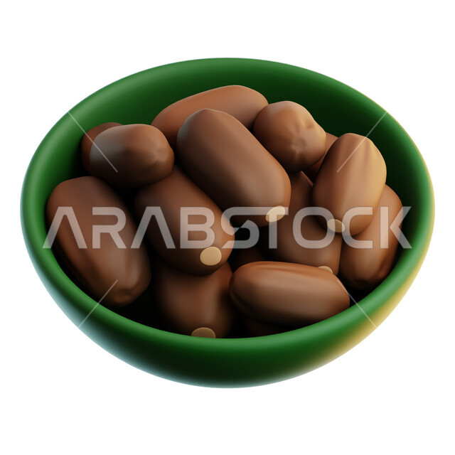 رسوم توضيحية ثلاثية الابعاد لطبق من التمر الصحي، تمر دقلة نور، وجبة ذات قيمة غذائية عالية، ضيافة رمضانية شهية، التمور الصحية واللذيذة، خلفية بيضاء