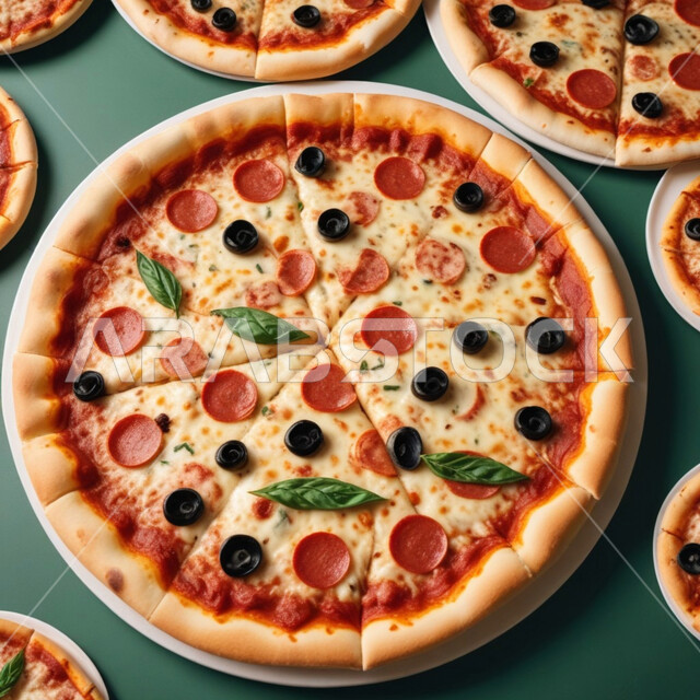 فطيرة البيتزا الشهيه مخبوزه مع الاجبان الذائبه والزيتون واوراق الريحان, مخبوزات واكلات شهيه, طريقة اعداد وتقديم متميزة