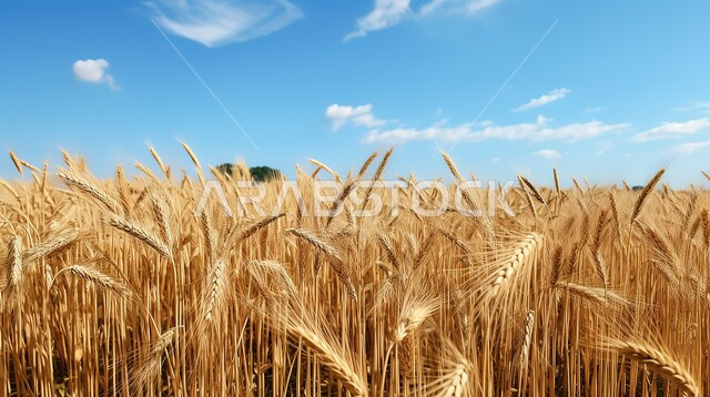 الحقول والأراضي الزراعية، صورة مقربة لسنابل القمح ذهبية اللون وقت الشروق، محاصيل ومنتجات وطنية محلية، المزارع الخصبة في المملكة العربية السعودية